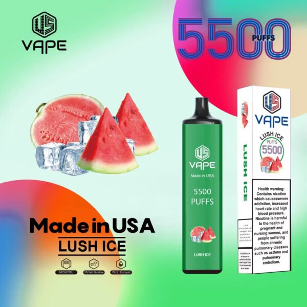 US Vape Lush Ice – 5500 puffs disposable vape with lush ice flavor, box, and device