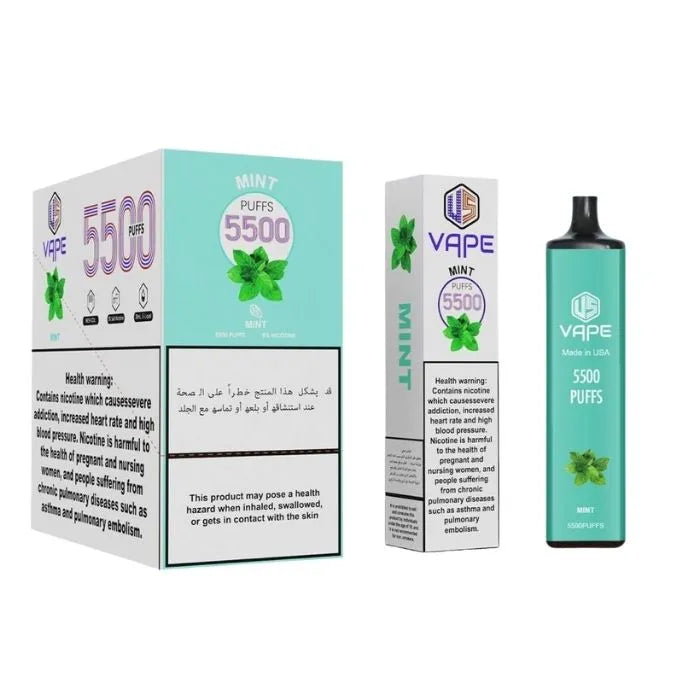 US Vape Mint disposable vape 5500 puffs with mint green box and device display