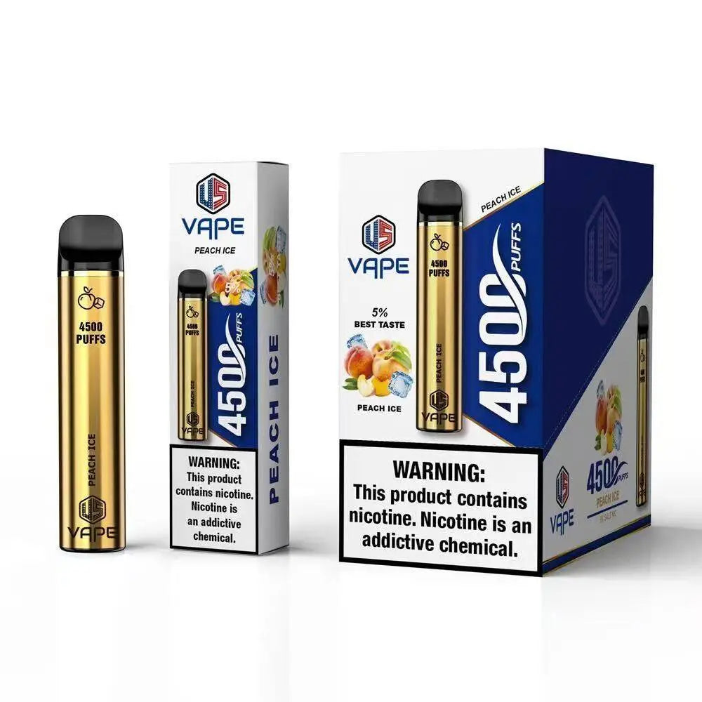 US Vape Peach Ice disposable vape 4500 puffs with box and device on white background