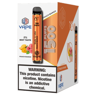 US Vape Peach Mango disposable vape 1500 puffs with orange box and device