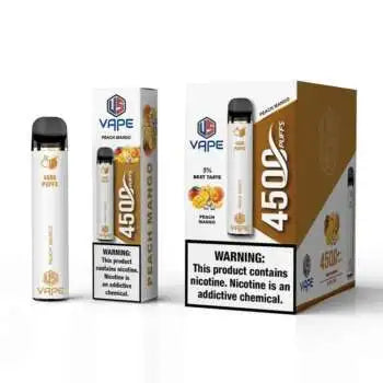 US Vape Peach Mango disposable vape 4500 puffs with box and device on display