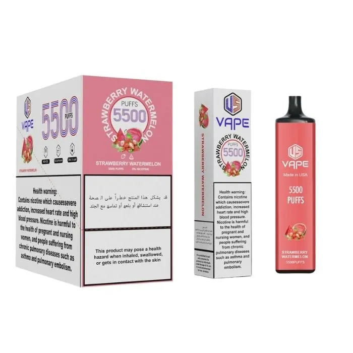 US Vape Strawberry Watermelon disposable vape 5500 puffs with pink box and device 2