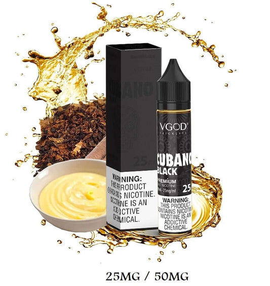 VGOD Cubano Black Salt Nic 30ml bottle with tobacco, cream, and liquid splash background