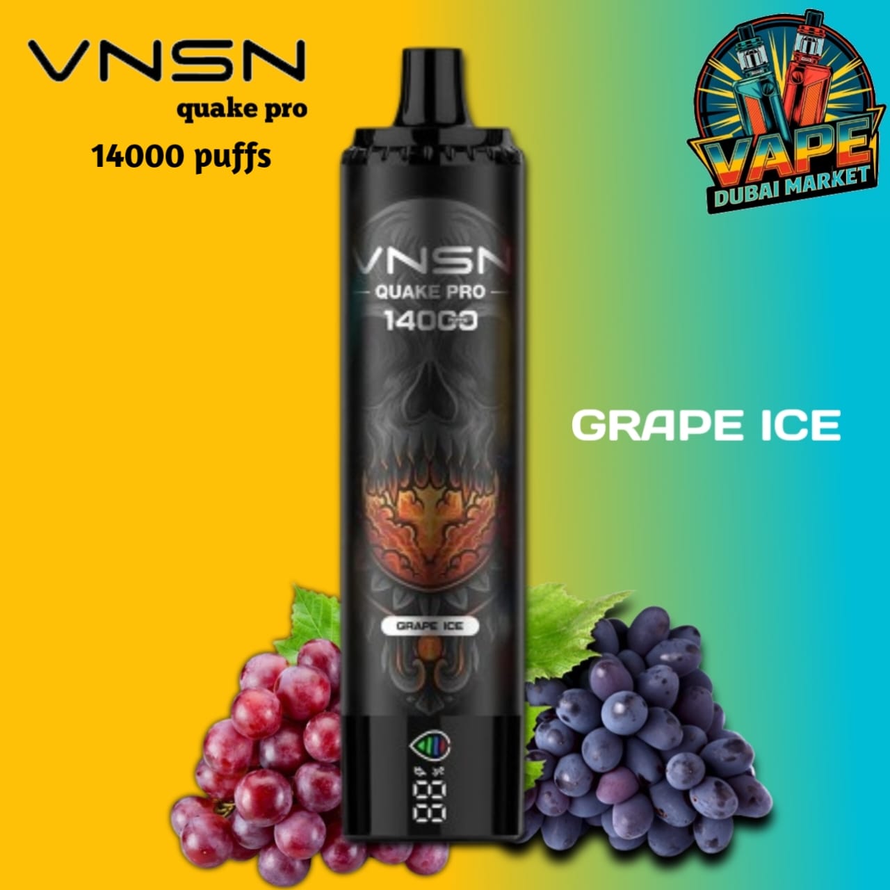 VNSN Quake Pro Grape Ice disposable vape with mesh coil and 14000 puffs capacity