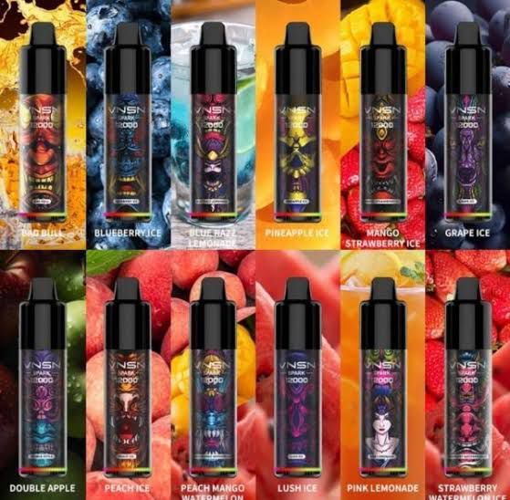 VNSN Spark 12000 disposable vape lineup with assorted fruit and ice flavors 5% nicotine
