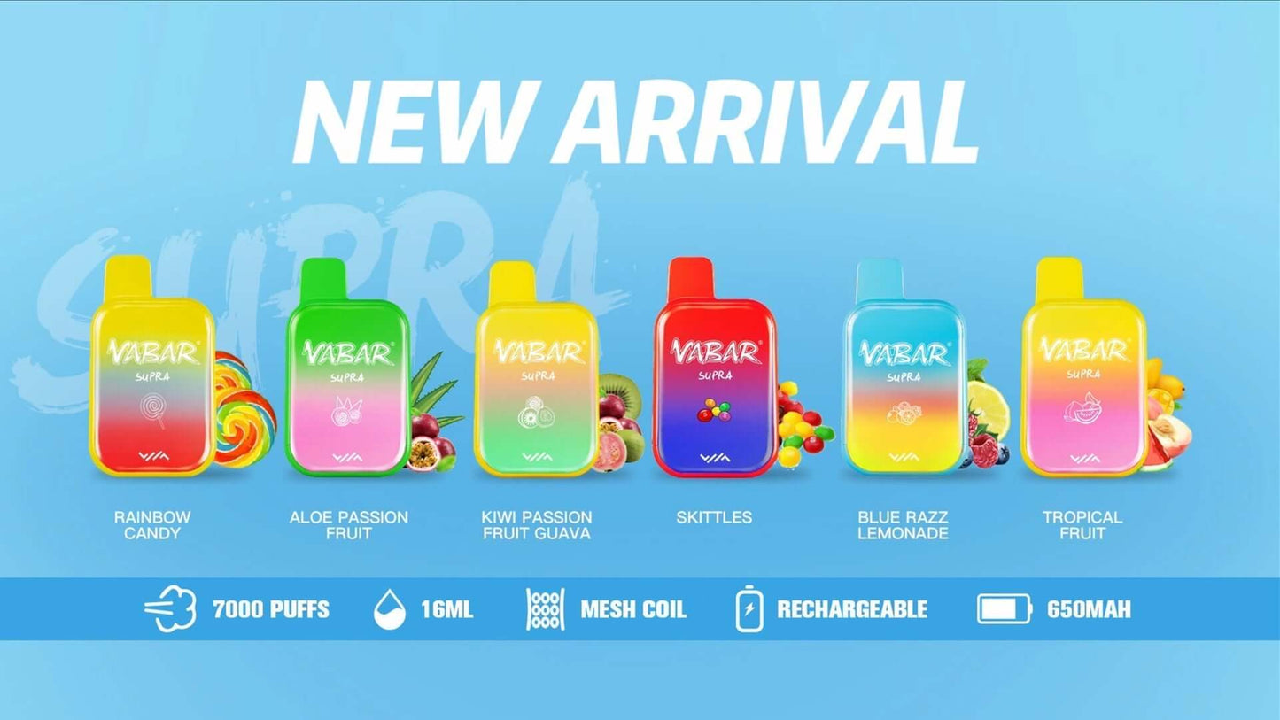 Vabar Supra New Arrival – lineup of 6 disposable vapes, 7000 puffs, assorted flavors