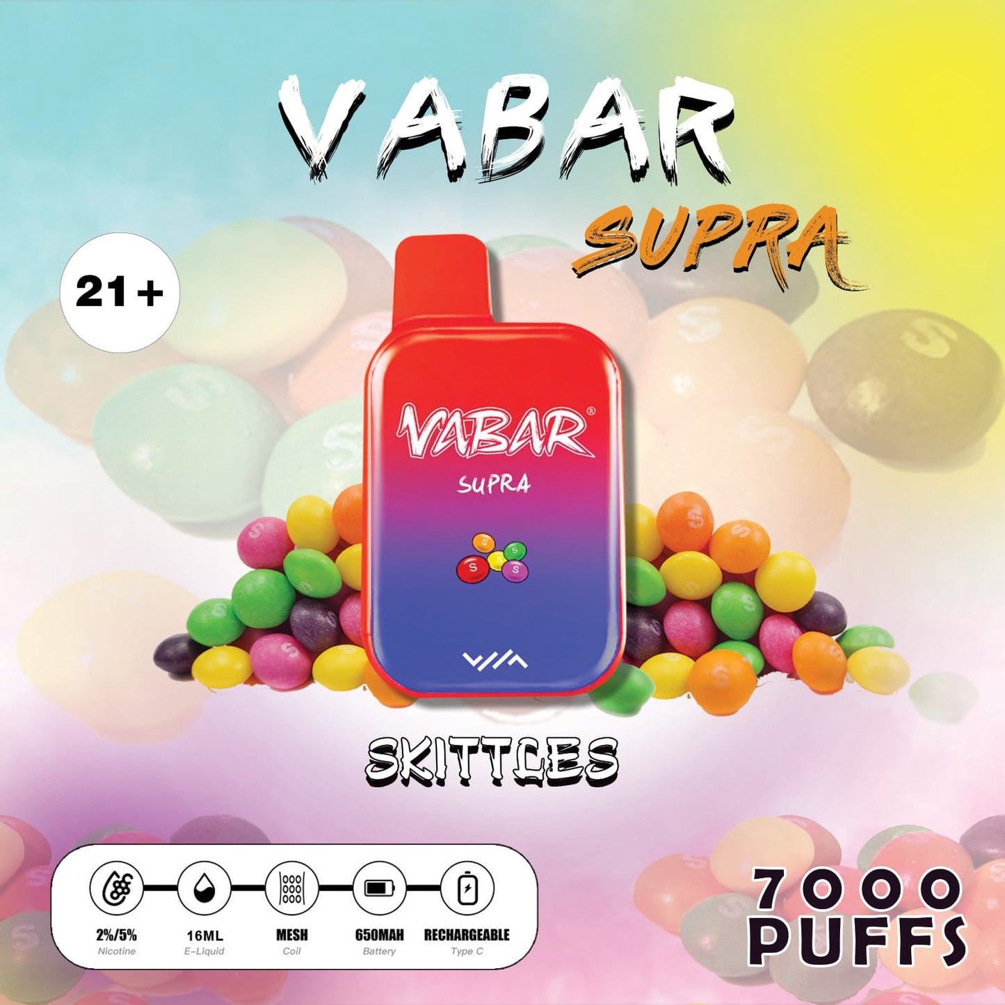 Vabar Supra Skittles – 7000 puffs disposable vape with skittles candy flavor
