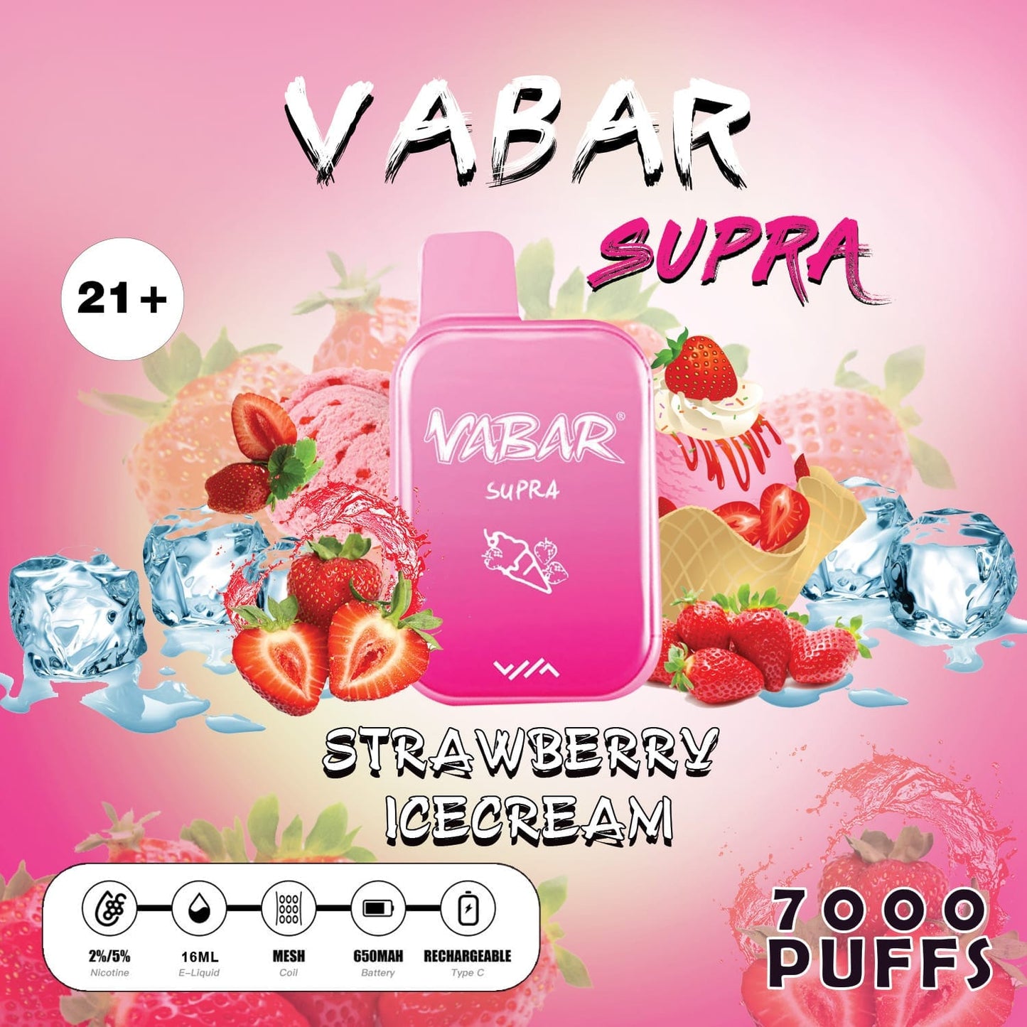 Vabar Supra Strawberry Ice Cream – 7000 puffs disposable vape with strawberry ice cream flavor