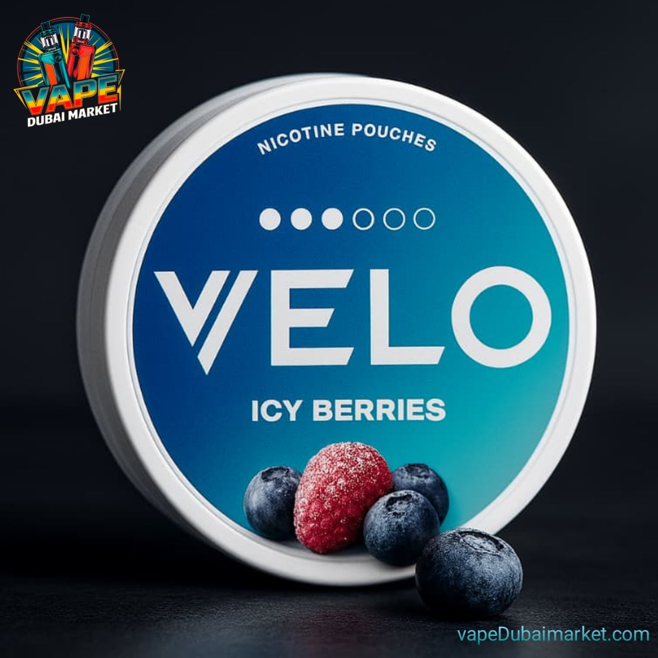 Velo nicotine pouches Icy Berries flavor can with blueberries and raspberries