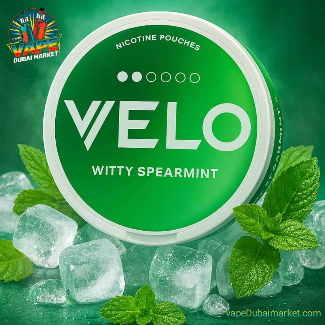 Velo nicotine pouches Witty Spearmint flavor can with ice and mint leaves