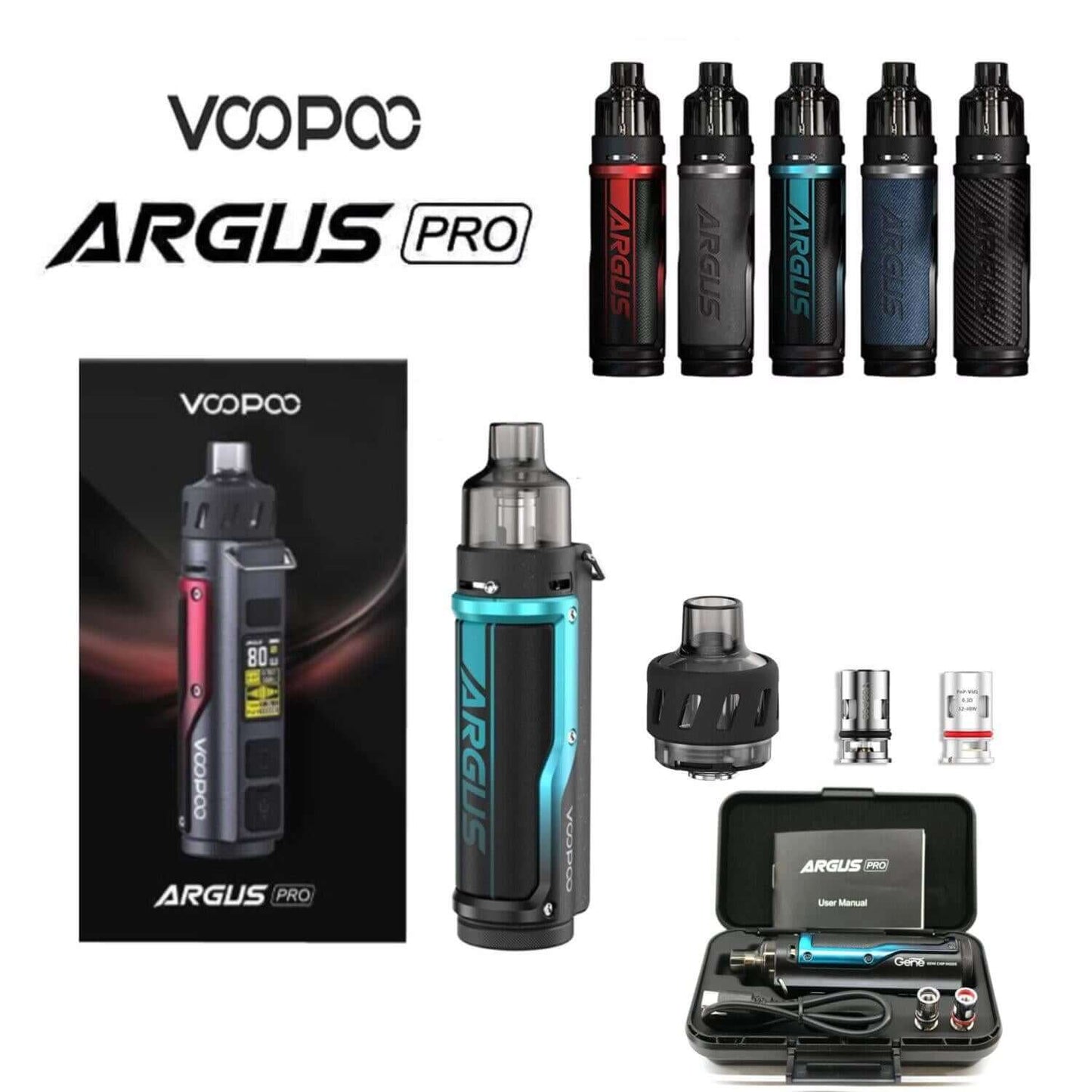 Voopoo Argus Pro Stylist Kit all color options and box contents lineup