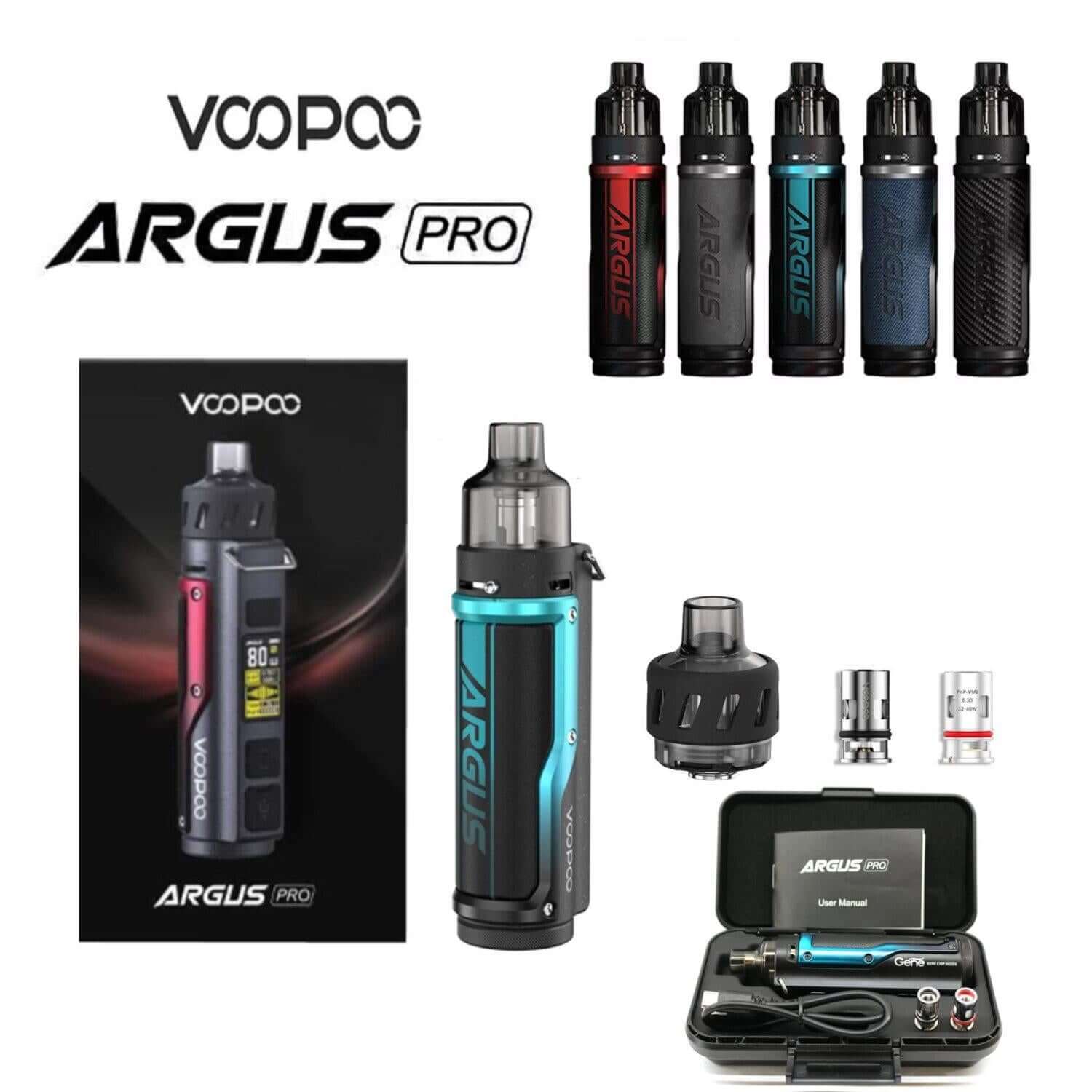 Voopoo Argus Pro Stylist Kit all color options and box contents lineup
