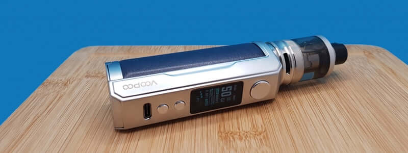 Voopoo Drag X Plus Professional silver blue mod with tank on wood surface