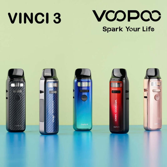 Voopoo Vinci 3 Pod Kit all color lineup carbon fiber, blue, red, rose gold