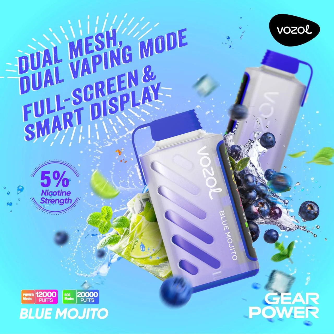 Vozol Gear Blue Mojito – 20000 puffs disposable vape with blue mojito flavor