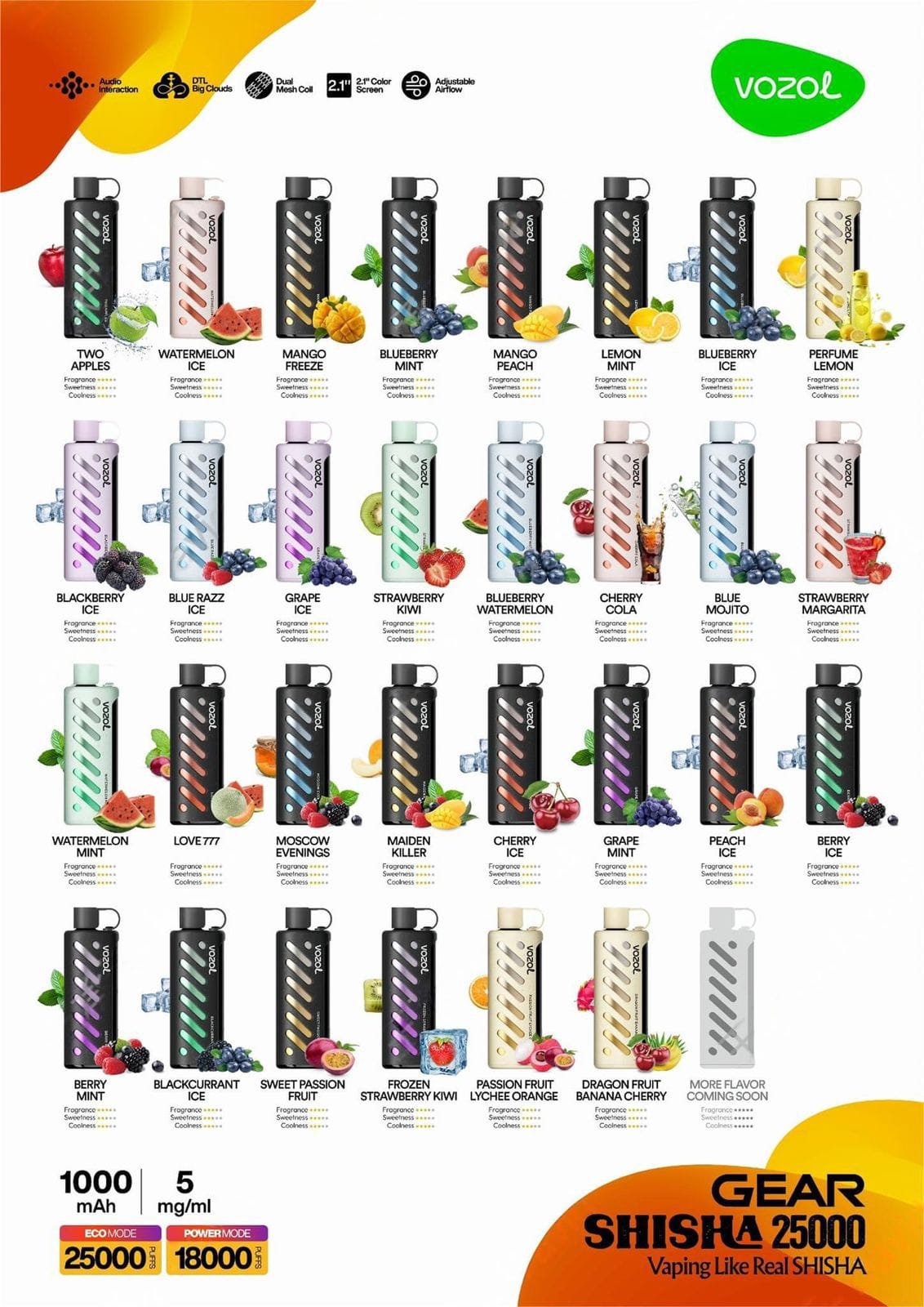 Vozol Gear Shisha 25000 puffs disposable vape flavors chart with 1000mAh battery, 5mg nicotine
