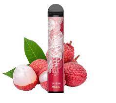 Vozol Lychee Ice vape with lychee fruit in the background
