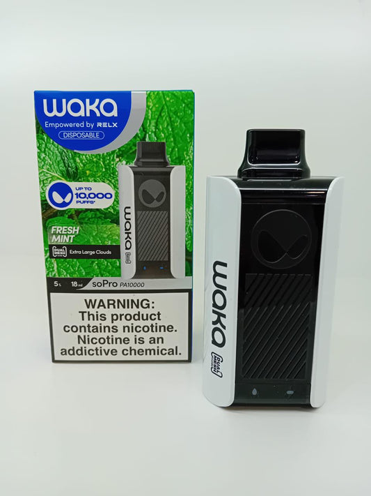 WAKA Fresh Mint disposable vape 10000 puffs with box and device on white background