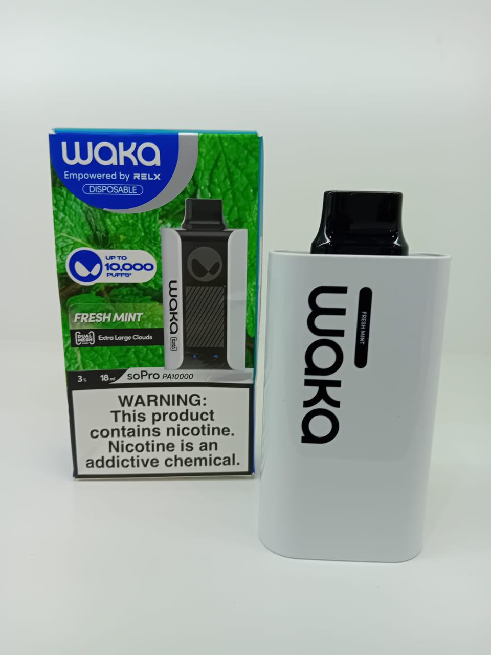 WAKA Fresh Mint disposable vape 10000 puffs with box and white device display