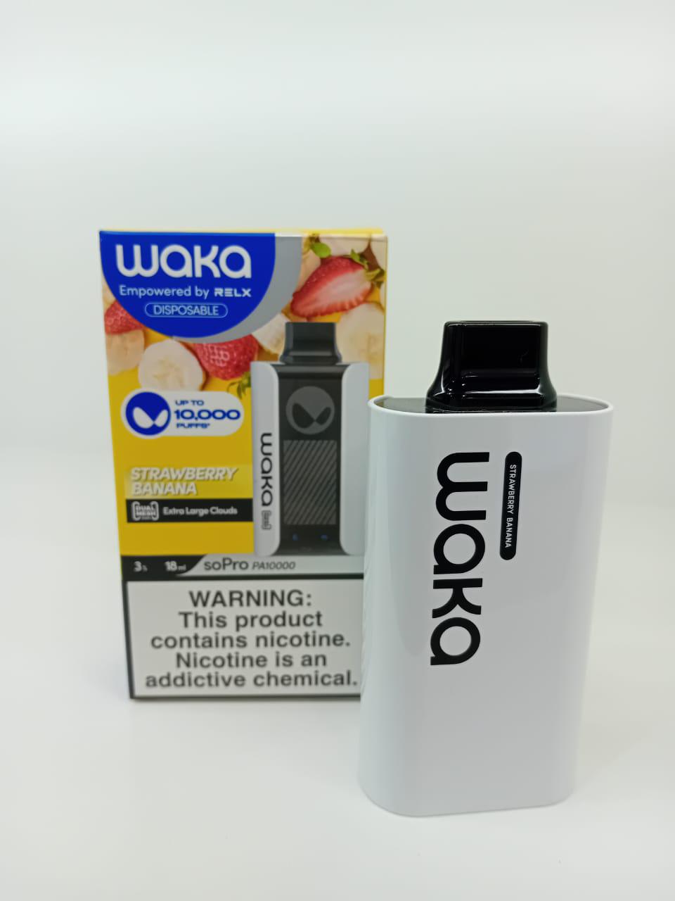WAKA Strawberry Banana disposable vape 10000 puffs with box and device display
