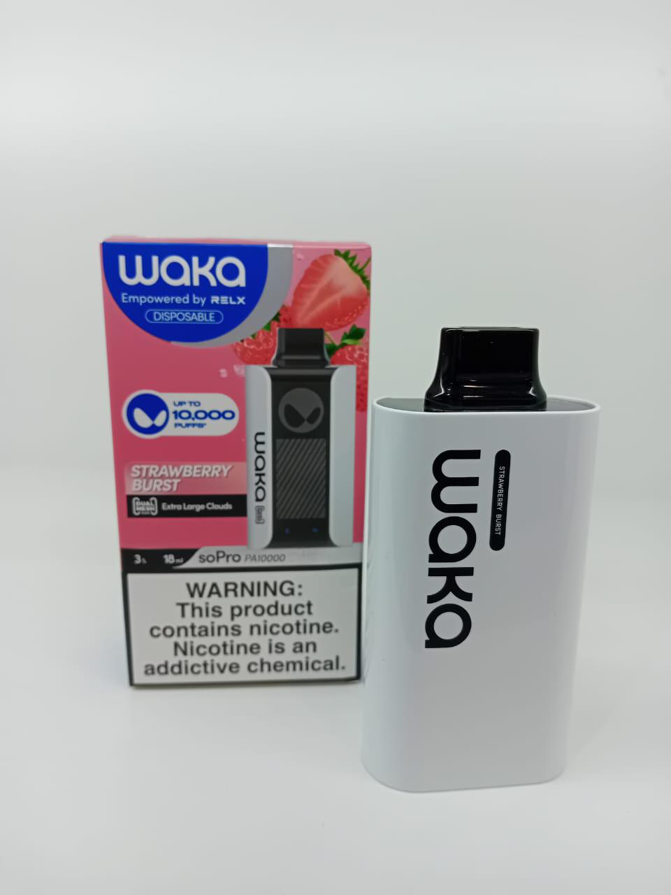 WAKA Strawberry Burst disposable vape 10000 puffs with box and device on white
