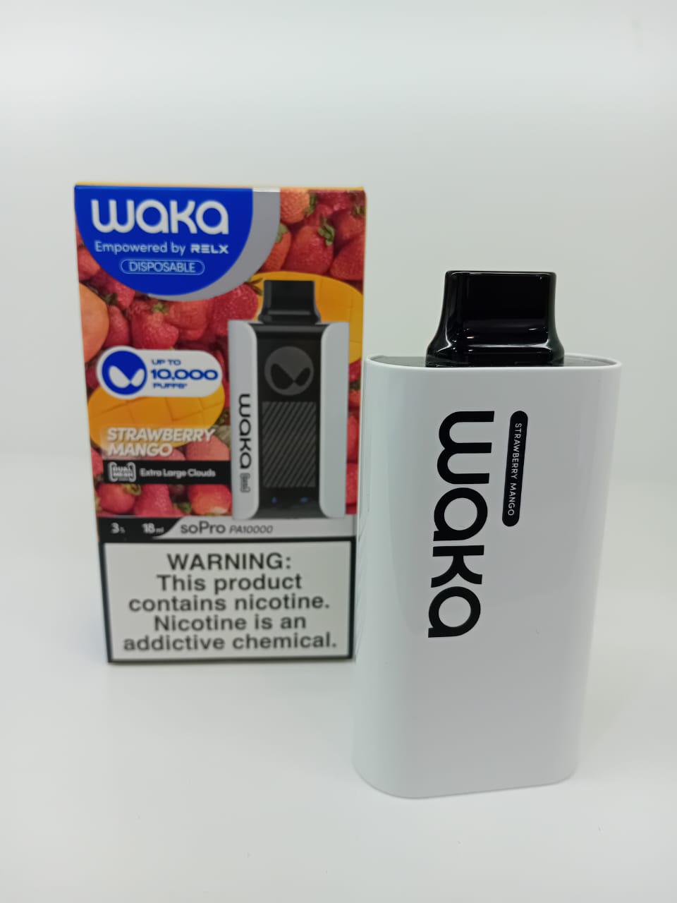 WAKA Strawberry Mango disposable vape 10000 puffs with box and device on white