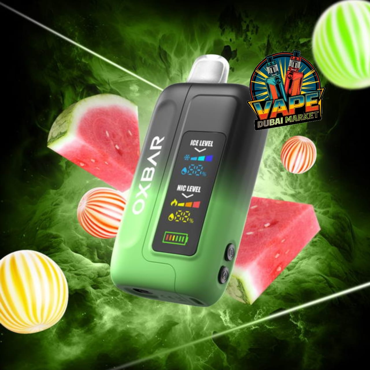 OXBAR Ice-Nic Control disposable vape showing nicotine and ice level with fruit background