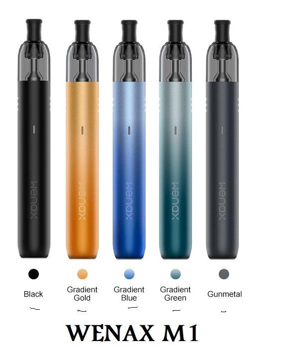Wenax M1 Kit pod system in black, gold, blue, green, and gunmetal colors