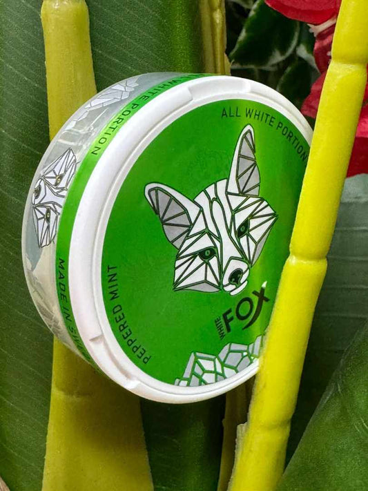 White Fox Peppered Mint nicotine pouches can on green leaves