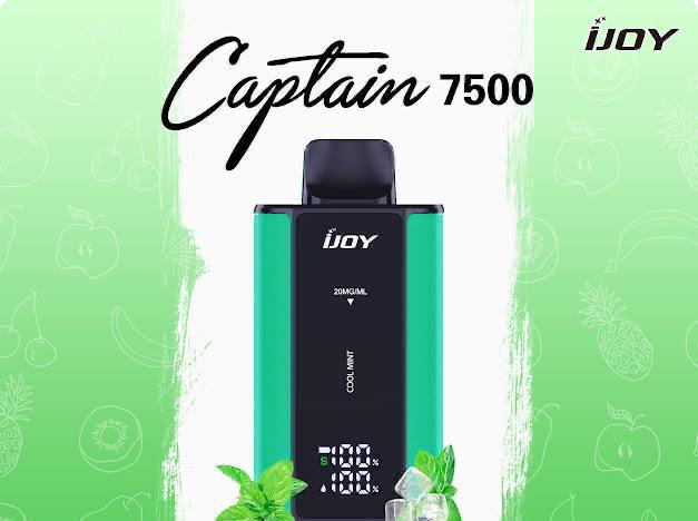 iJoy Captain 7500 Cool Mint vape with mint leaves and ice on green background