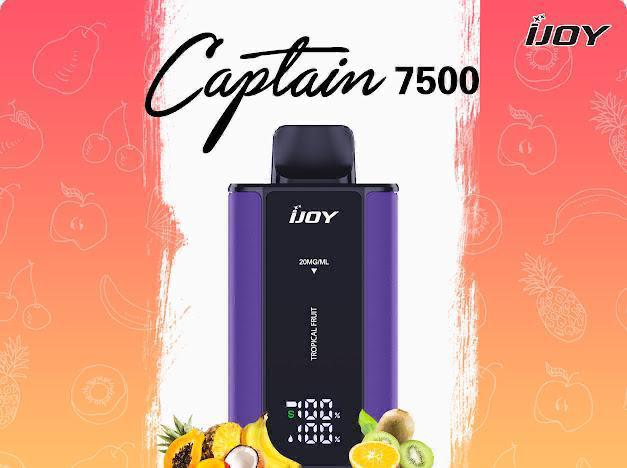 iJoy Captain 7500 Tropical Fruit vape with assorted tropical fruits on orange background