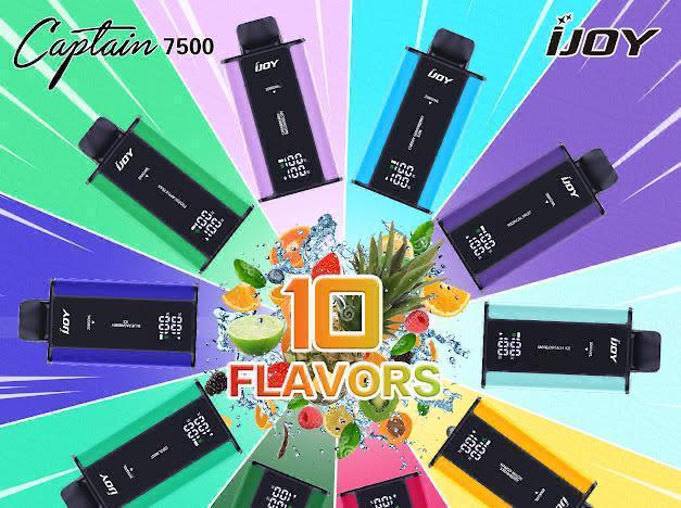 iJoy Captain 7500 vape 10 flavors display with fruits and colorful background